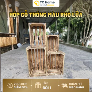 Thùng Gỗ Pallet Màu Khò Lửa Chống Mối Mọt - Hộp Gỗ Thông Đa Năng Decor Nhiều Size - TC Home