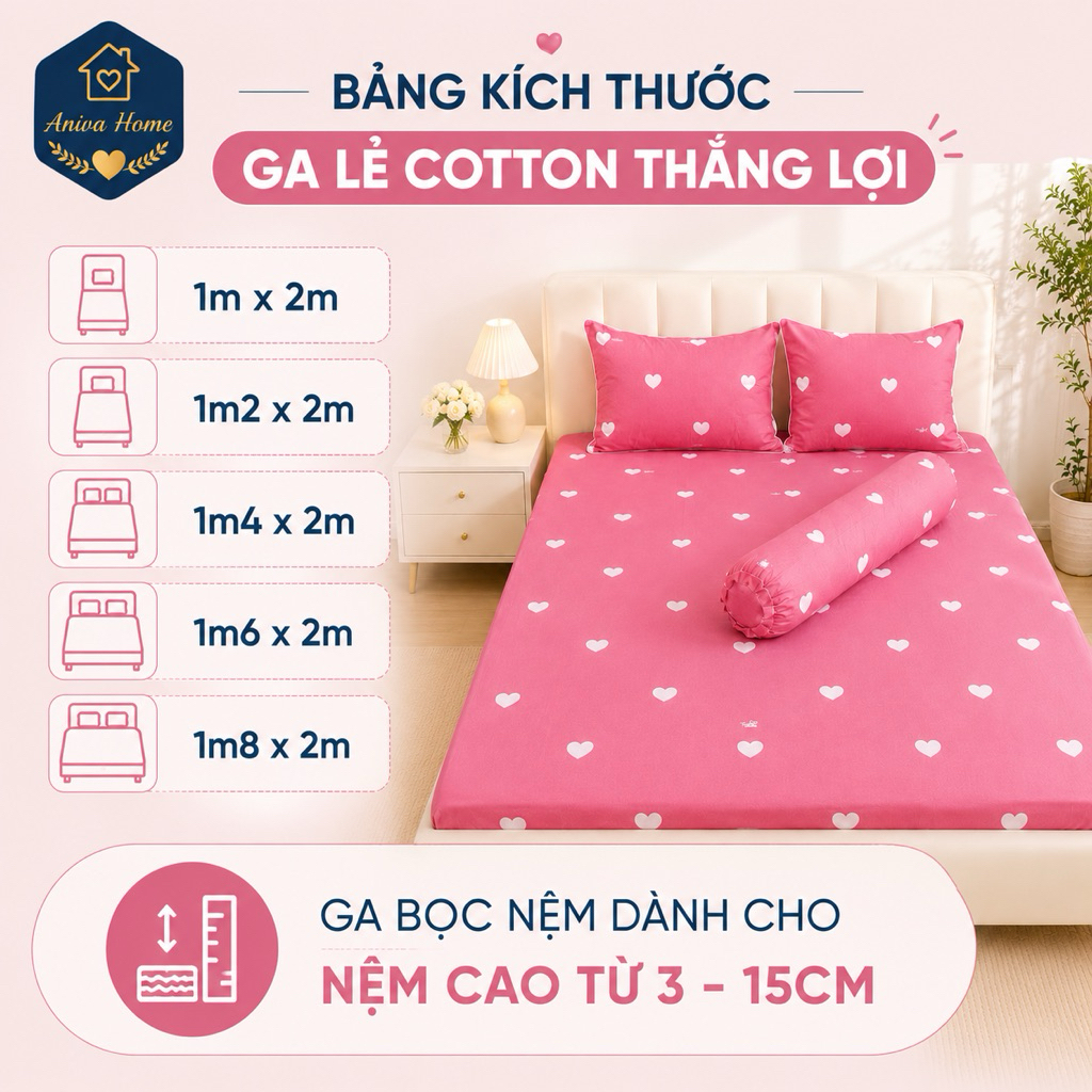 Ga Lẻ Cotton Thắng Lợi Aniva Home - Ga Trải Giường Bo Chun 4 Góc, Mềm Mại, Thoáng Khí, Nệm 1m - 1m8