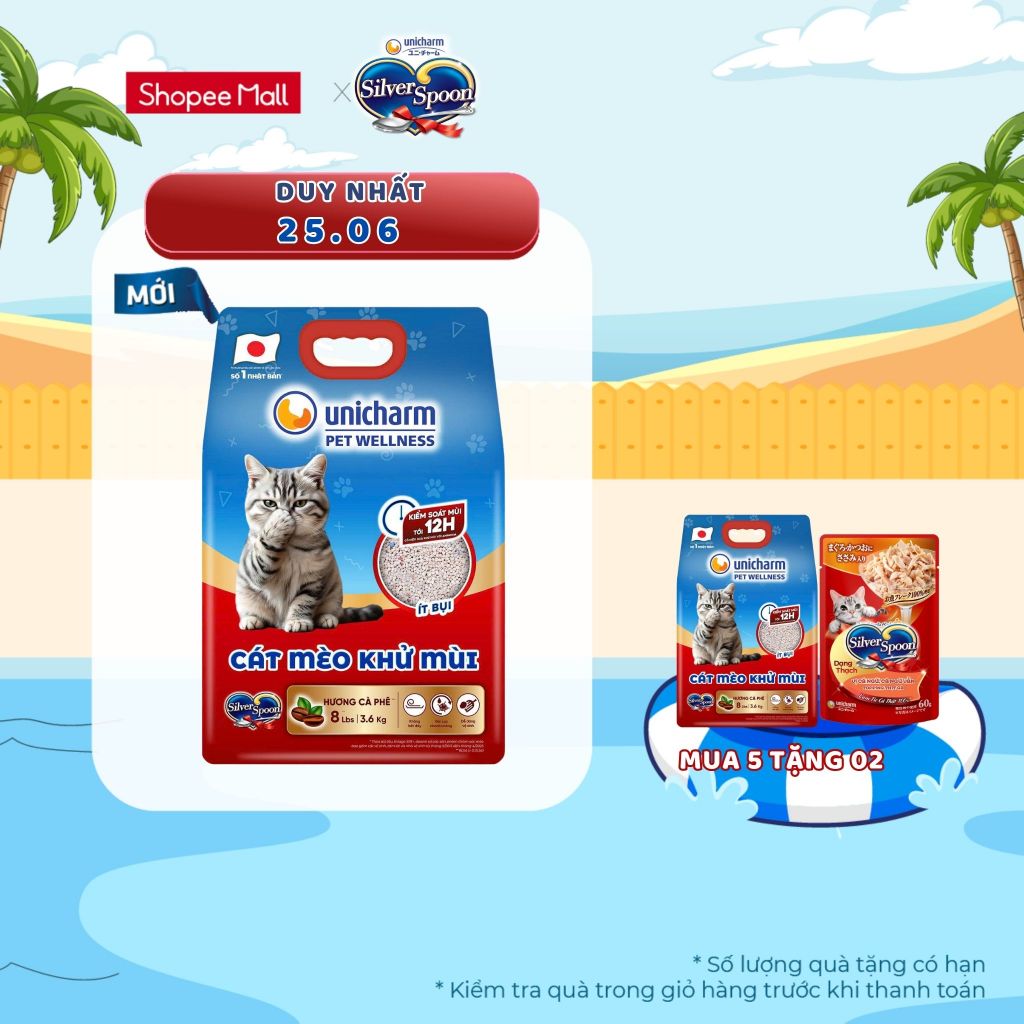 [V] Combo 5 Cát mèo khử mùi Silver Spoon Unicharm Pet Wellness, hương cà phê/hương chanh 8 Lbs (3.6 kgx5)