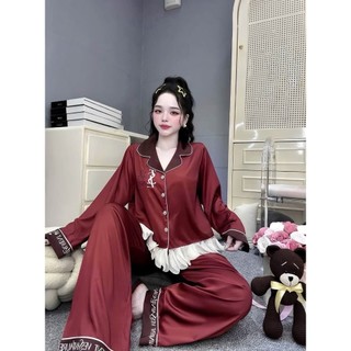 BỘ NGỦ DÀI TAY NHẤN BÈO VOAN FREE SIZE TỪ 40-60KG