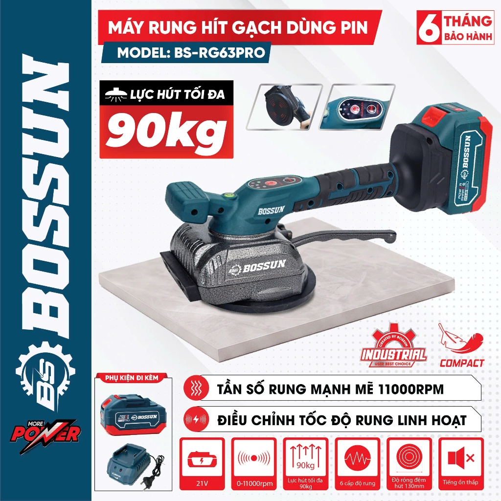 Máy rung gạch lát sàn chạy pin BS BOSSUN BS-RG63PRO Lực hút 90kg, Điều chỉnh tốc độ linh hoạt