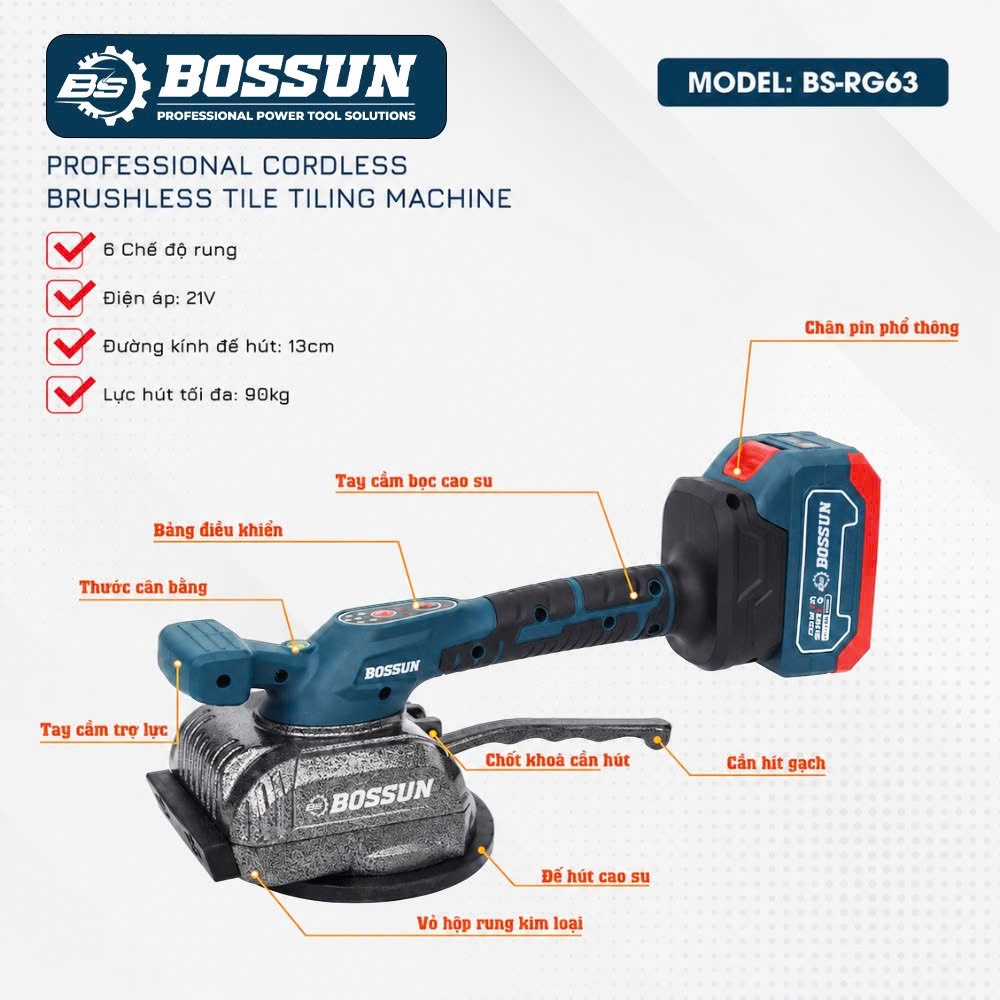 Máy rung gạch lát sàn chạy pin BS BOSSUN BS-RG63PRO Lực hút 90kg, Điều chỉnh tốc độ linh hoạt