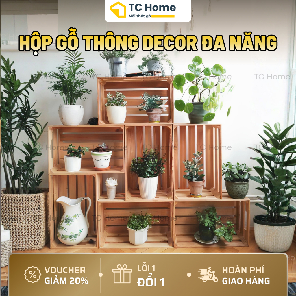 Thùng Gỗ Pallet Gỗ Thông Đa Năng Chống Mối Mọt - Hộp Gỗ Decor Cafe, Homestay Nhiều Size - TC Home
