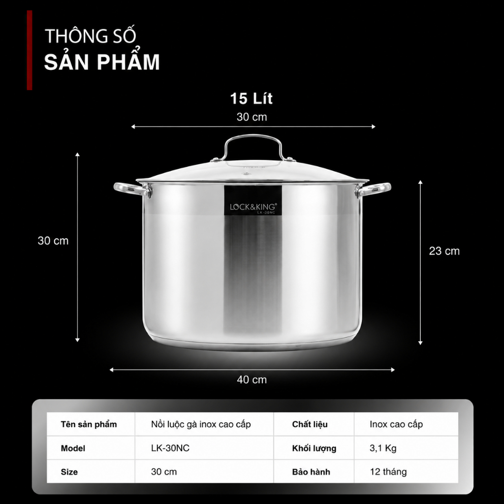 Nồi Luộc Gà Inox 304 Lock&King LK-30NC LK-32NC Dung Tích 15L 17L Đáy 5 Lớp Dùng Mọi Loại Bếp