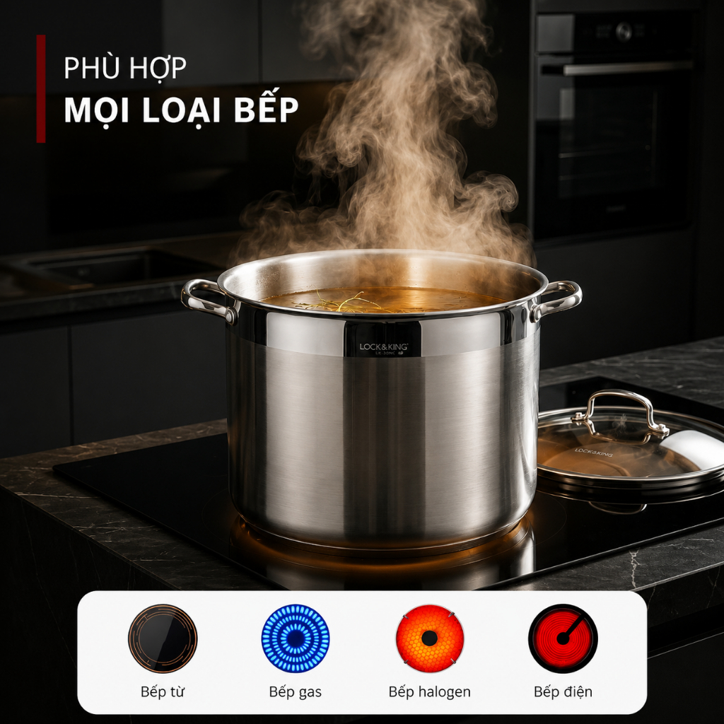 Nồi Luộc Gà Inox 304 Lock&King LK-30NC LK-32NC Dung Tích 15L 17L Đáy 5 Lớp Dùng Mọi Loại Bếp