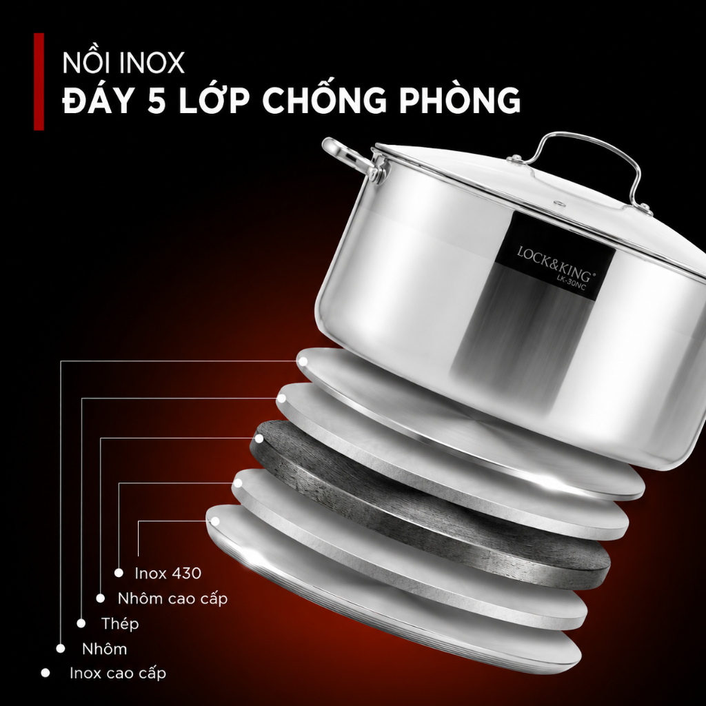Nồi Luộc Gà Inox 304 Lock&King LK-30NC LK-32NC Dung Tích 15L 17L Đáy 5 Lớp Dùng Mọi Loại Bếp