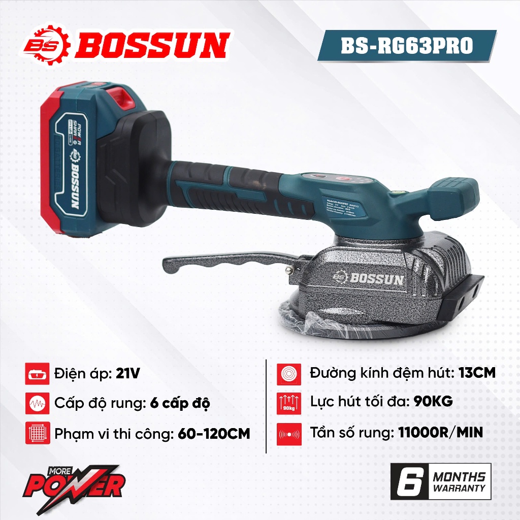 Máy rung gạch lát sàn chạy pin BS BOSSUN BS-RG63PRO Lực hút 90kg, Điều chỉnh tốc độ linh hoạt