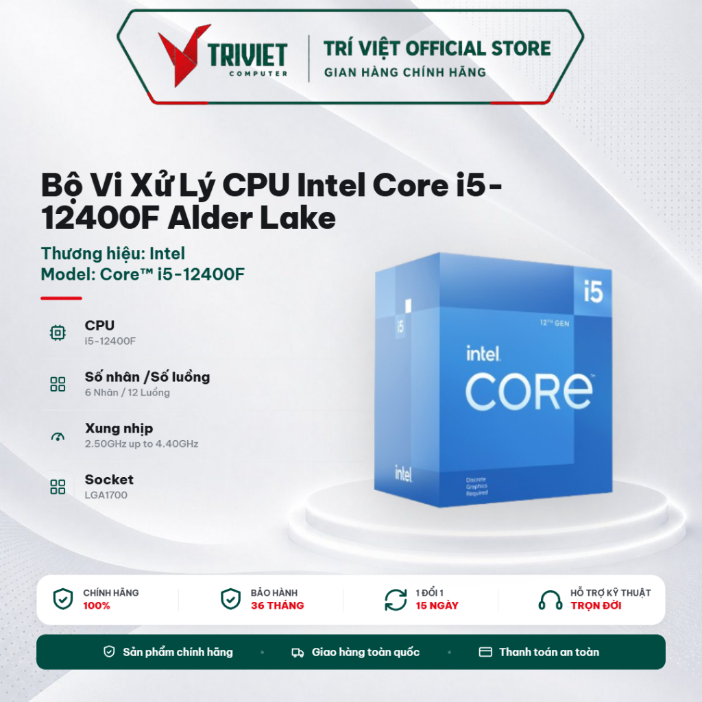 Bộ Vi Xử Lý CPU Intel Core i5-12400F Alder Lake 6 Nhân 12 Luồng Turbo 4.4GHz 18MB Cache Socket LGA1700 | BigBuy360 - bigbuy360.vn