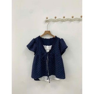 Áo kiểu nữ dáng babydoll 2 lớp họa tiết hoa nhí thắt nơ dễ thương dễ phối