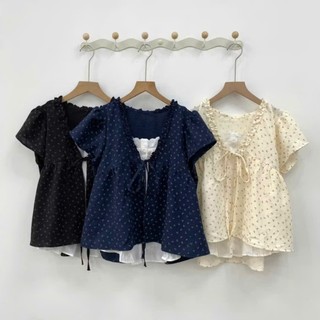 Áo kiểu nữ dáng babydoll 2 lớp họa tiết hoa nhí thắt nơ dễ thương dễ phối