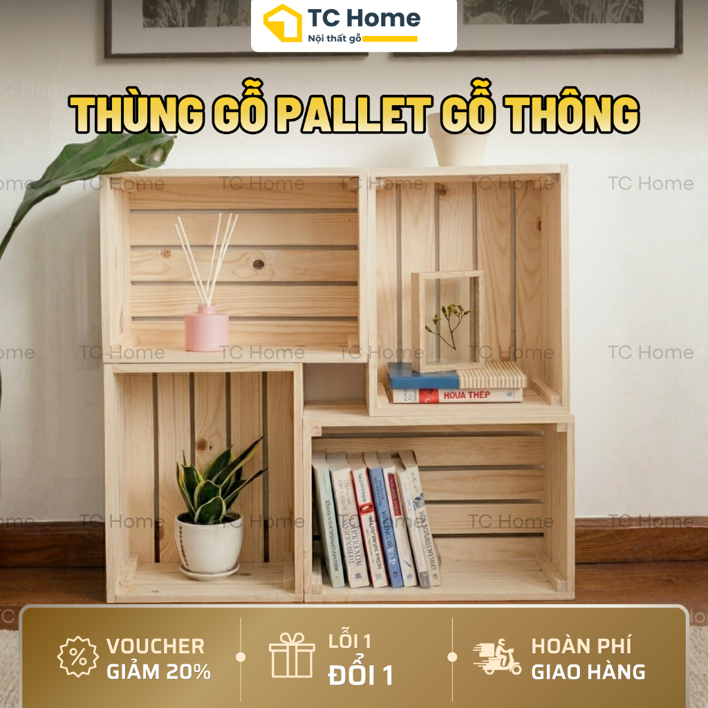 Thùng Gỗ Pallet Gỗ Thông Chữ Nhật Chống Mối Mọt Nhiều Size - Hộp Gỗ Decor Đa Năng - TC Home