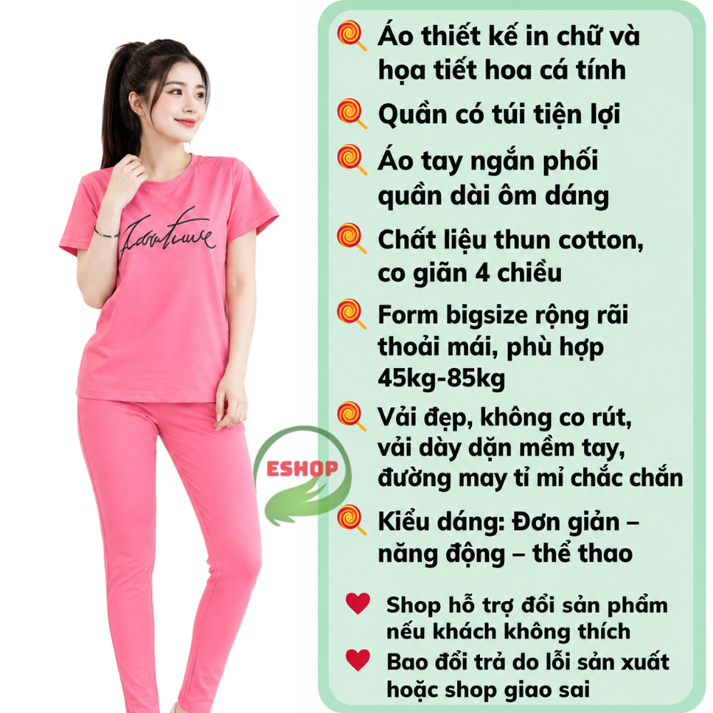 Đồ Bộ Nữ Mặc Nhà ESHOP DB03 Bigsize 43-85kg Thun Cotton Co Giãn, Áo Tay Ngắn Quần Dài Thể Thao
