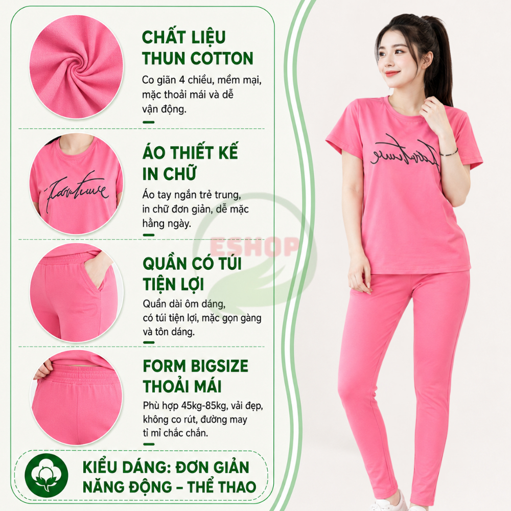 Đồ Bộ Nữ Mặc Nhà ESHOP DB03 Bigsize 43-85kg Thun Cotton Co Giãn, Áo Tay Ngắn Quần Dài Thể Thao