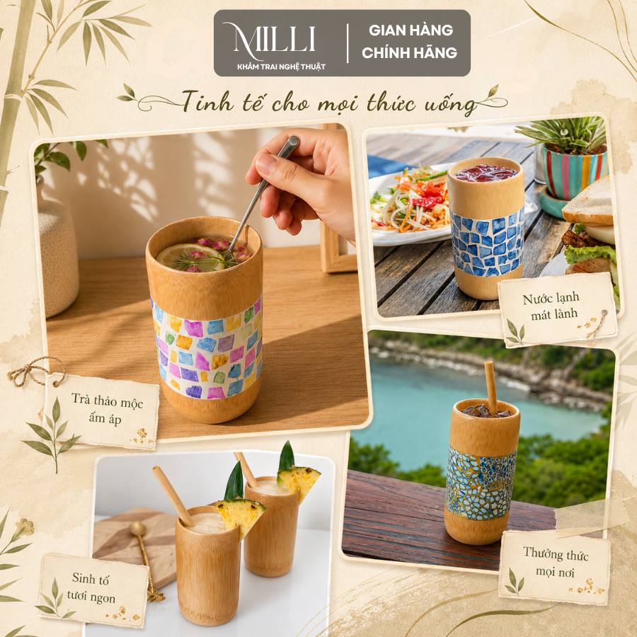 Cốc tre khảm trai Milli, quà lưu niệm Việt Nam,thủ công mỹ nghệ cao cấp