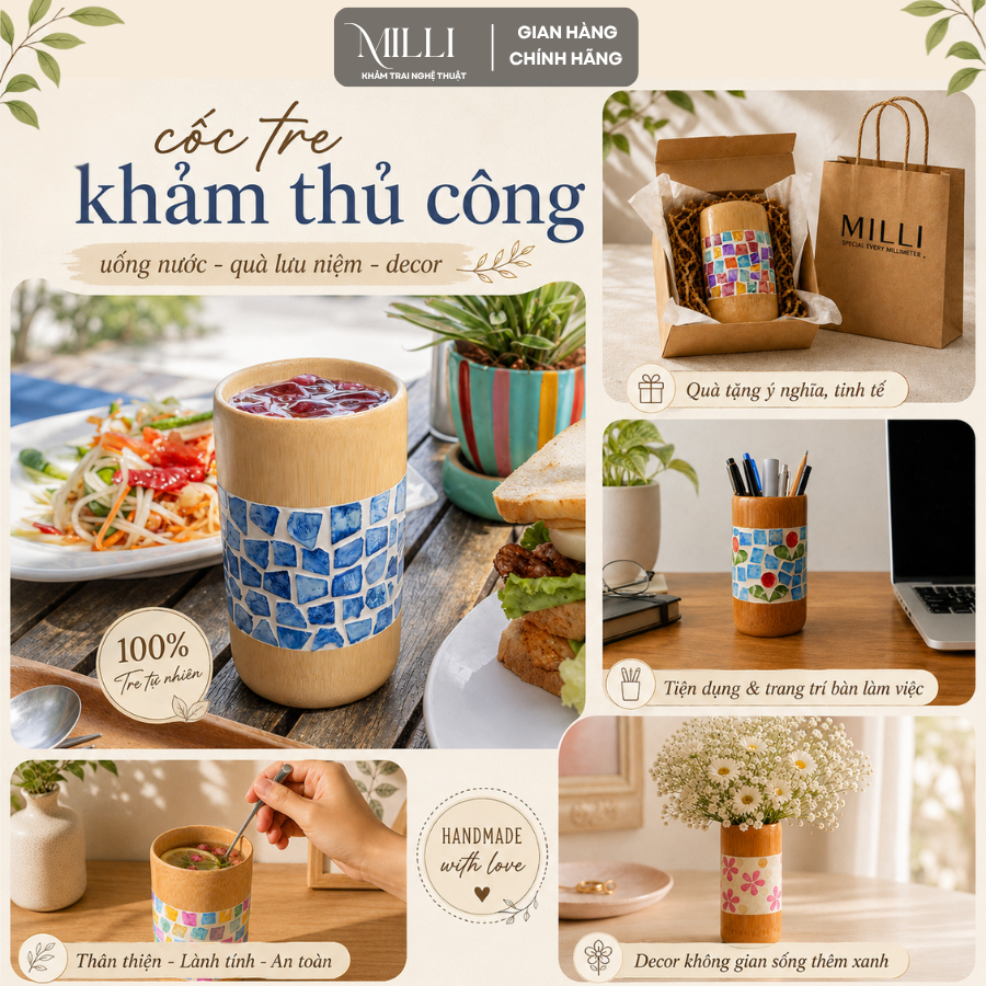 Cốc tre khảm trai Milli, quà lưu niệm Việt Nam,thủ công mỹ nghệ cao cấp