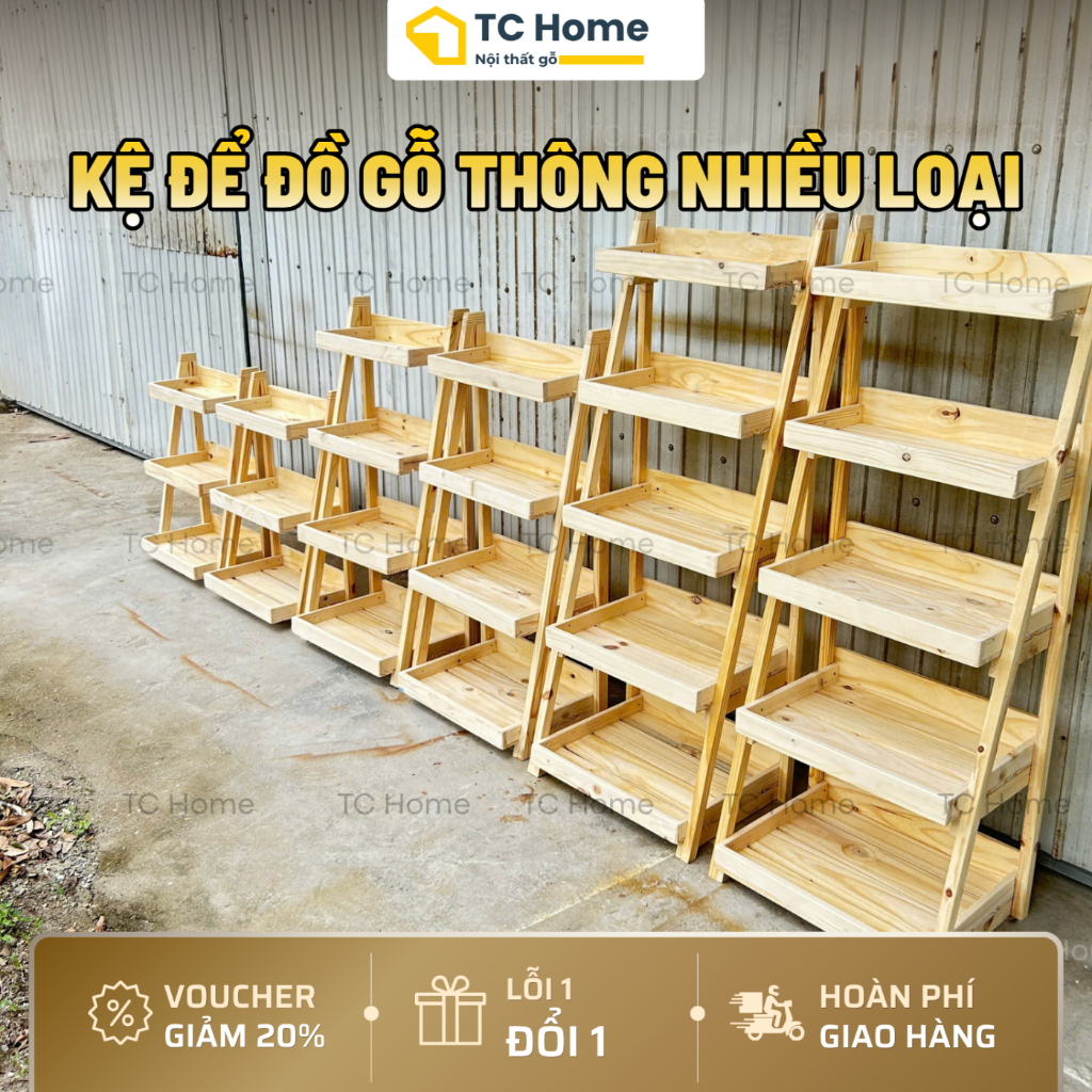 Kệ Gỗ Thông Màu Tự Nhiên Đựng Hoa Quả, Nhà Bếp - Kệ 3-4 Tầng Decor Siêu Thị Cửa Hàng - TC Home