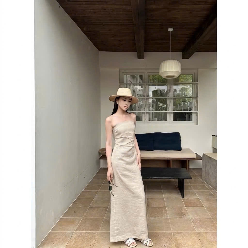 𝗢𝗺- Đầm Linen cụp ngực dáng dài BEELY
