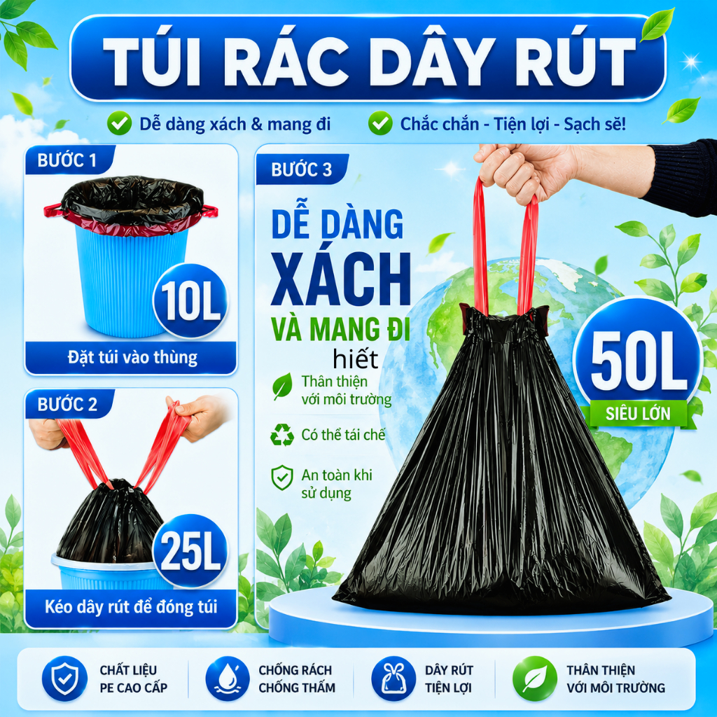 Túi Đựng Rác Tự Phân Huỷ Có Dây Rút 10 lít,25 lít, 50 lít  Chính Hãng vipaco
