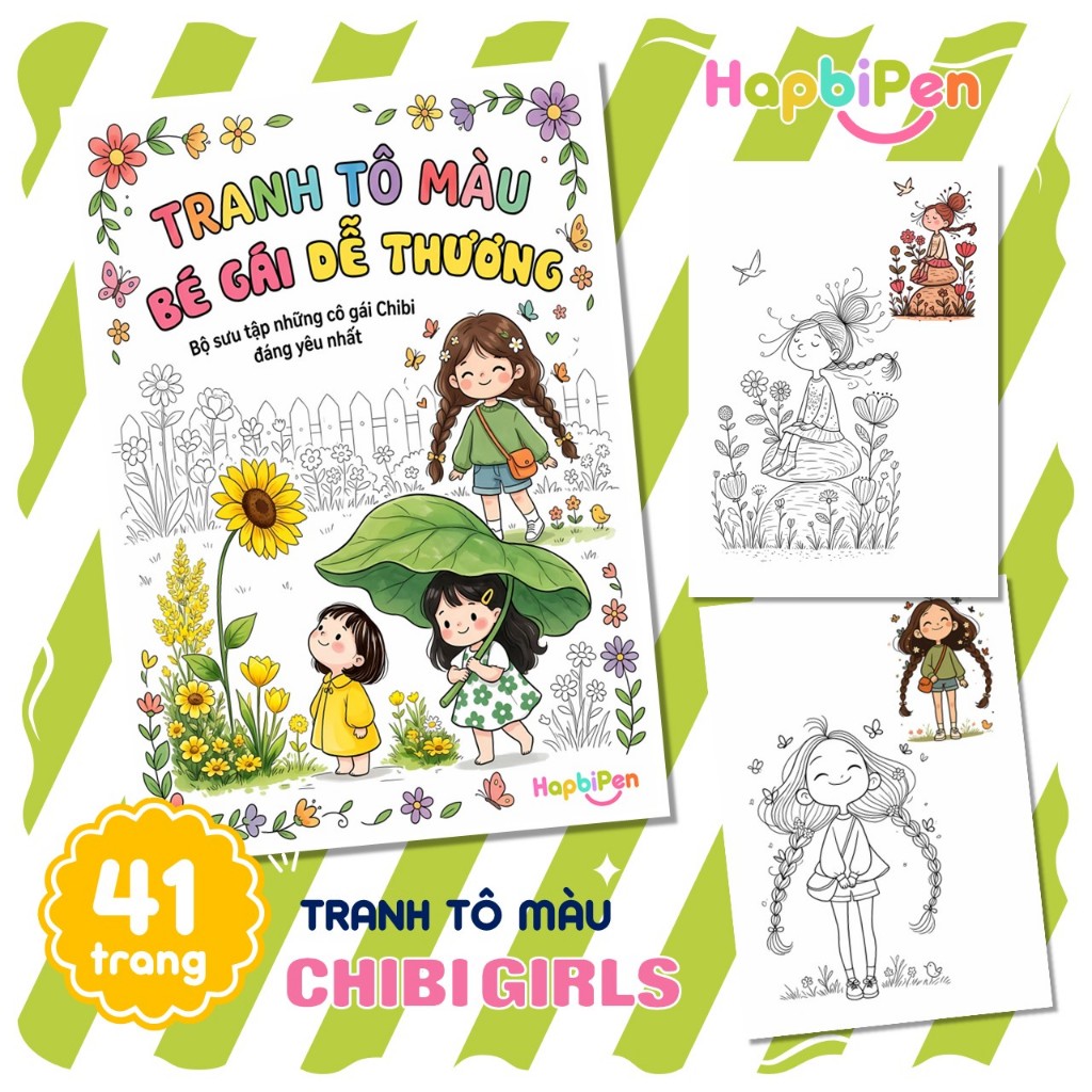 Tranh tô màu hoạt hình bé gái chibi dễ thương 41 trang khổ A4 A5 tờ rời cho bé tô màu sáng tạo TTM14