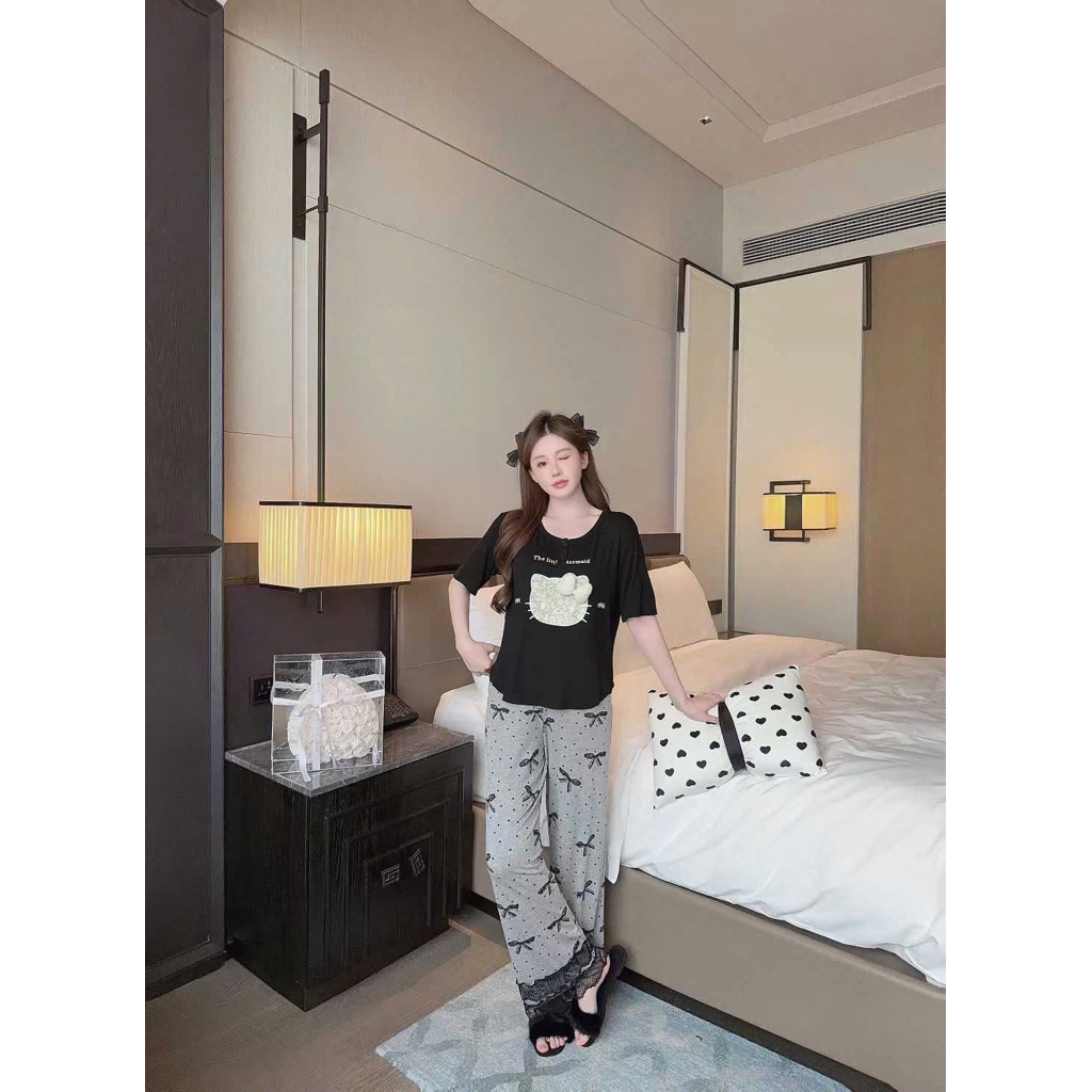 Bộ ngủ thun cotton hoạ tiết nơ chấm bi mềm mại. Bộ đồ mặc nhà , đi chơi, dạo, du lịch sang chảnh