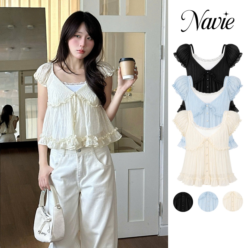 NAVIE  (CÓ BIGSIZE) - (TẶNG KÈM ÁO 2 DÂY TRẮNG) Áo babydoll voan WINKY phối bèo thời trang nữ | BigBuy360 - bigbuy360.vn
