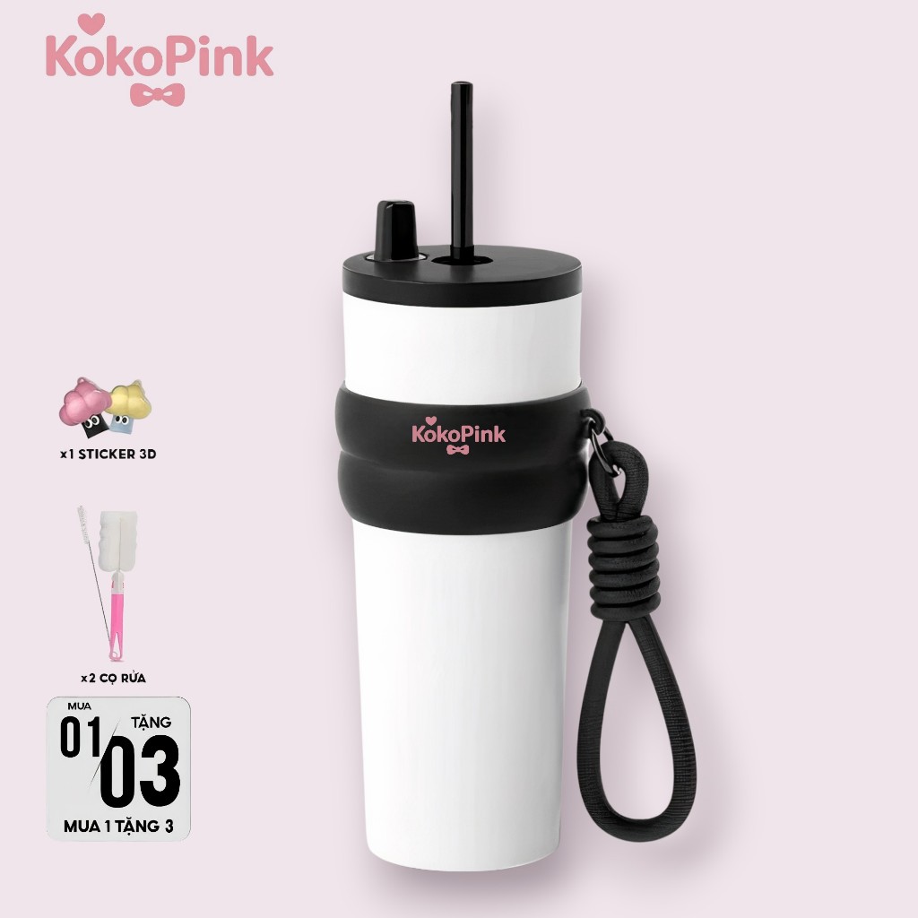 Ly Giữ Nhiệt KokoPink Thiết Kế Dễ Thương – Có Ống Hút, Dây Treo, Phù Hợp Mang Đi Học Đi Chơi Có Tặng Kèm Dụng Cụ Vệ Sinh