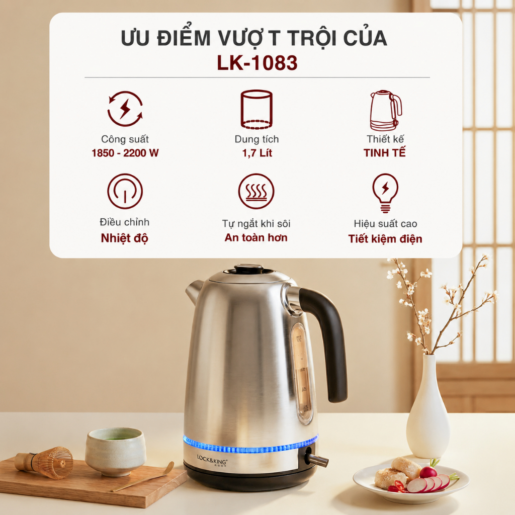 Ấm Siêu Tốc Inox 304 1.7L LK-1083 Công Suất 2200W Đun Sôi Nhanh An Toàn Cho Gia Đình