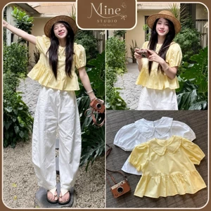 Áo Kiểu Nữ Mine Cổ Sen Tay Bồng Dáng Babydoll Bèo Nhún Dễ Thương Phong Cách Hàn Quốc