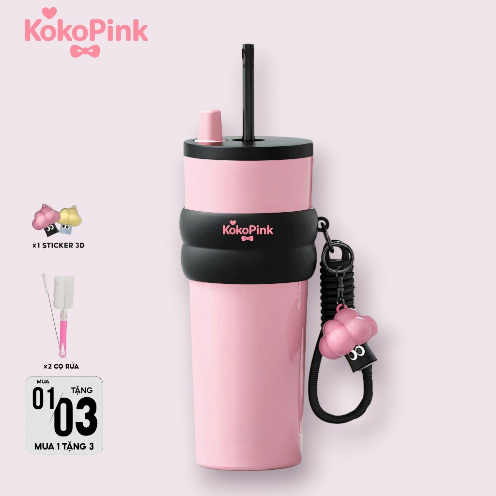 Bình Nước KokoPink Giữ Nhiệt Lâu – Thiết Kế Cute Dễ Thương, Có Ống Hút & Dây Đeo Tiện Lợi, Phù Hợp Làm Quà Tặng