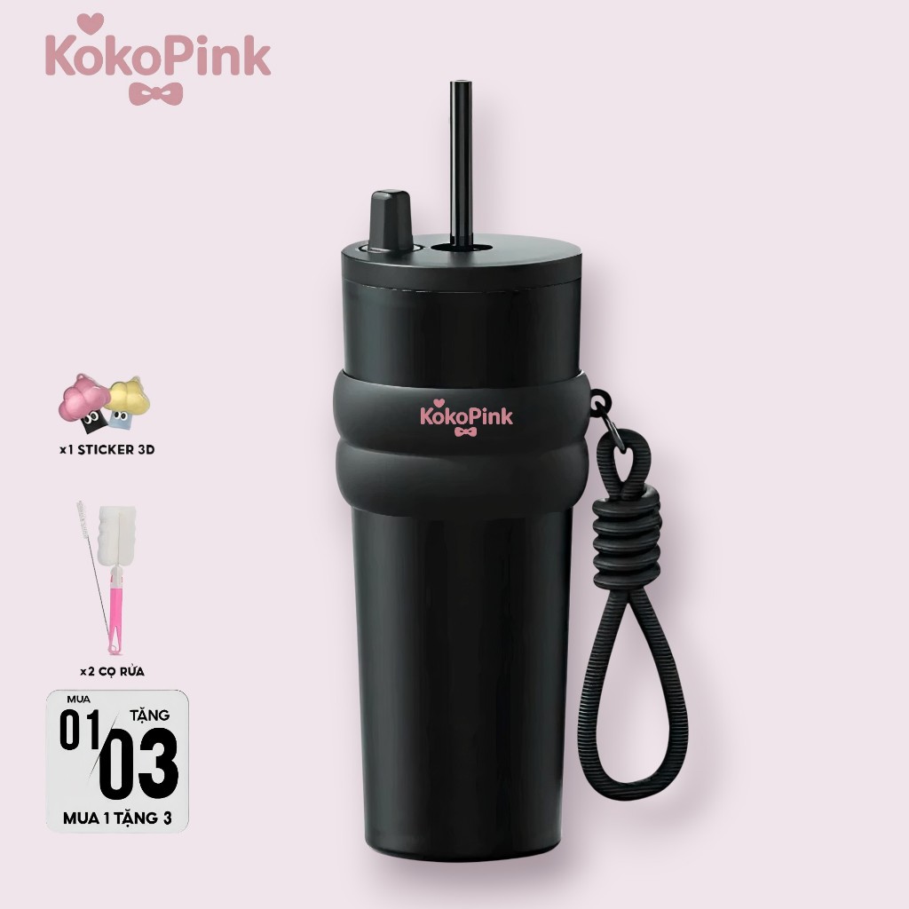 Bình Giữ Nhiệt KokoPink Cute Cao Cấp – Ly Có Ống Hút, Inox 304, Phù Hợp Làm Quà Tặng Tặng Kèm Dụng Cụ Vệ Sinh