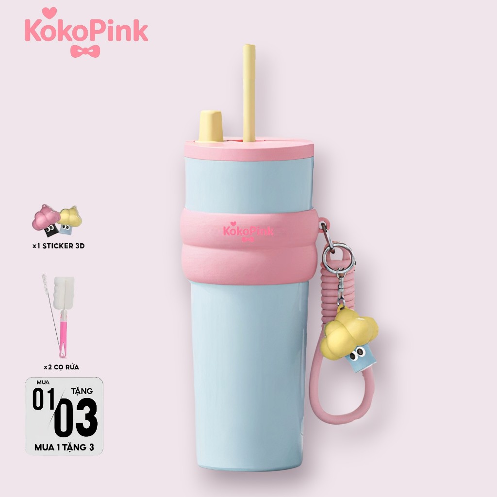 Ly Nước Giữ Nhiệt KokoPink Cute Hàn Quốc – Thiết Kế Đẹp, Có Ống Hút, Tặng Phụ Kiện Đi Kèm, Inox 304 An Toàn Sức Khỏe