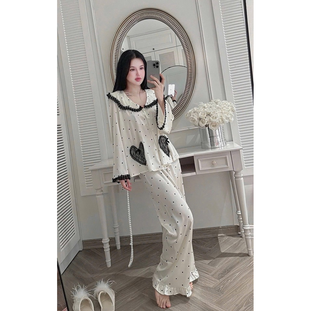 Sét bộ ngủ lụa pzm  dài tay Lyly cao cấp  chấm bi phối ren đen- bộ mặc nhà tiểu thư bánh bèo