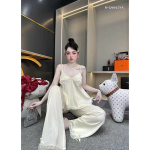 Pizama 2 dây quần dài nơ quần viền ren