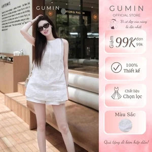 Set bộ trắng sát nách GUMIN thiết kế áo ba lỗ cổ tròn kèm quần short vintage thanh lịch, Set bộ đồ nữ sang chảnh