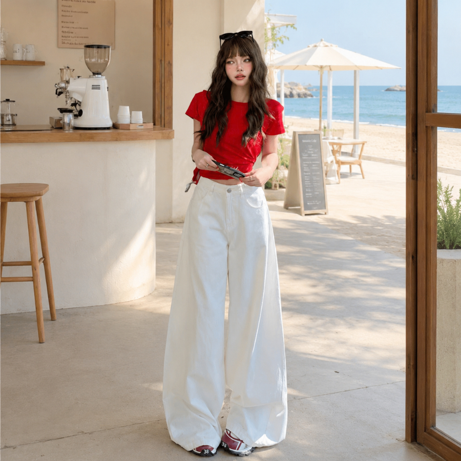 Quần ống rộng nữ cạp cao PEARCLUB, quần bò ống rộng chất Kaki Jeans BIGSIZE hottrend mặc đi học, đi biển hè Q20 | BigBuy360 - bigbuy360.vn