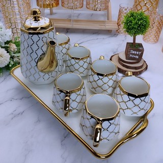 Khay Trà Sứ Chữ Nhật Viền Vàng Có Tay cầm Cao Cấp