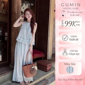 Set bộ sát nách xanh GUMIN thiết kế áo cổ tròn thêu viền bướm sang chảnh, Set đồ nữ đi biển vintage tiểu thư thanh lịch
