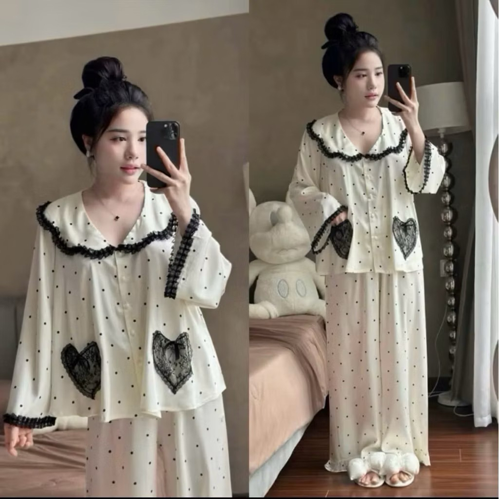 Sét bộ ngủ lụa pzm  dài tay Lyly cao cấp  chấm bi phối ren đen- bộ mặc nhà tiểu thư bánh bèo