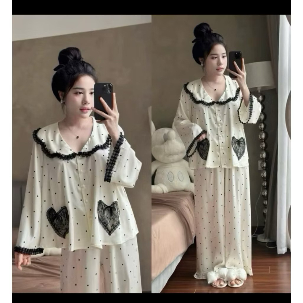 Sét bộ ngủ lụa pzm  dài tay Lyly cao cấp  chấm bi phối ren đen- bộ mặc nhà tiểu thư bánh bèo