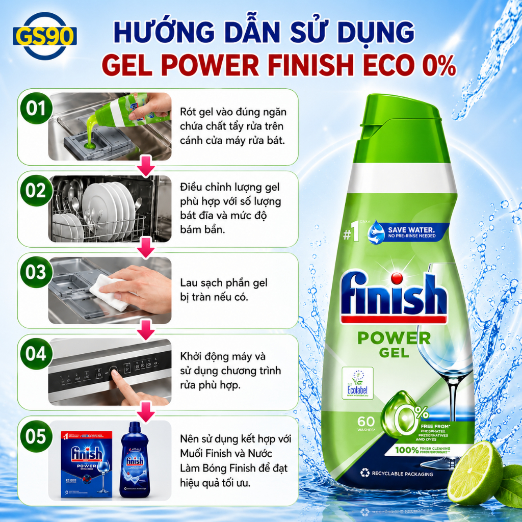 Nước Rửa Bát Finish ECO 0% Hữu Cơ Làm Mềm Nước, Sạch Bóng Chén Bát Dành Cho Máy Rửa Chén 900ml Đức