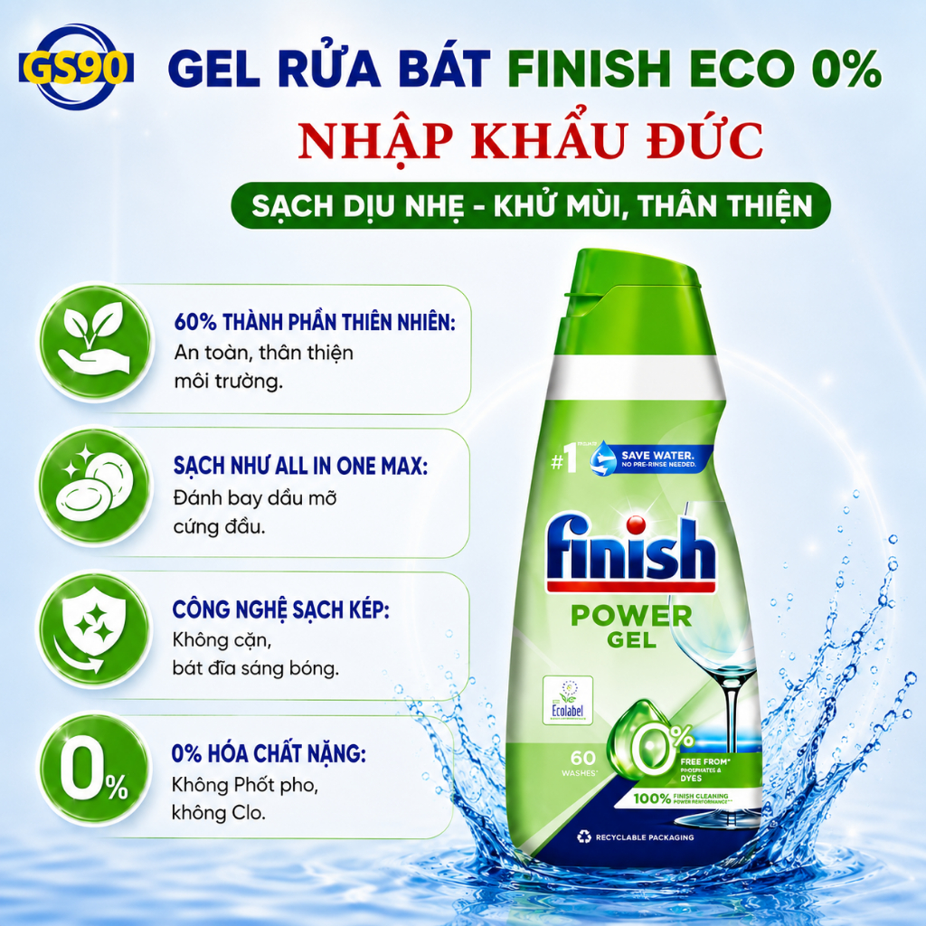 Nước Rửa Bát Finish ECO 0% Hữu Cơ Làm Mềm Nước, Sạch Bóng Chén Bát Dành Cho Máy Rửa Chén 900ml Đức