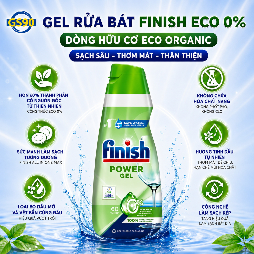 Nước Rửa Bát Finish ECO 0% Hữu Cơ Làm Mềm Nước, Sạch Bóng Chén Bát Dành Cho Máy Rửa Chén 900ml Đức