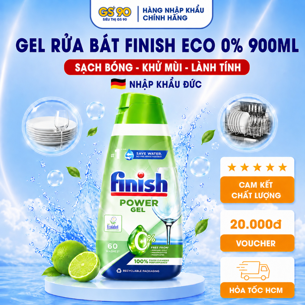 Nước Rửa Bát Finish ECO 0% Hữu Cơ Làm Mềm Nước, Sạch Bóng Chén Bát Dành Cho Máy Rửa Chén 900ml Đức