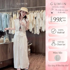 Set bộ đũi trắng GUMIN thiết kế áo tay hến mix khăn cổ kèm quần suông rộng thanh lịch, set bộ quần áo nữ sang chảnh