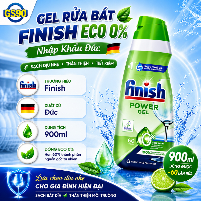 Nước Rửa Bát Finish ECO 0% Hữu Cơ Làm Mềm Nước, Sạch Bóng Chén Bát Dành Cho Máy Rửa Chén 900ml Đức