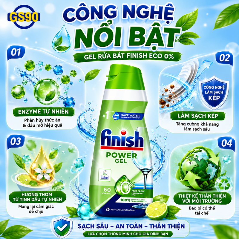 Nước Rửa Bát Finish ECO 0% Hữu Cơ Làm Mềm Nước, Sạch Bóng Chén Bát Dành Cho Máy Rửa Chén 900ml Đức