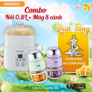 Combo ăn dặm hiện đại Samono nồi nấu cháo chậm 0.8L và máy xay 0.3L SW-SC08B và SW-MFC200 - BH 1 năm
