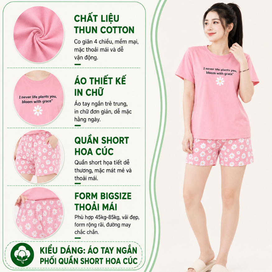Đồ Bộ Nữ Mặc Nhà ESHOP BD04 Bigsize 43-85kg Áo Tay Ngắn Thun Cotton Quần Đùi Hoa Cúc Dễ Thương