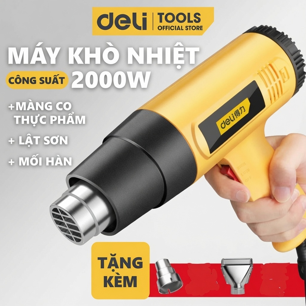 Máy Khò Nhiệt Hơi Nóng Deli Cao Cấp Công Suất Cao 2000W - Co Màng Cơ - Khò Thực phẩm - Hàn Nhựa