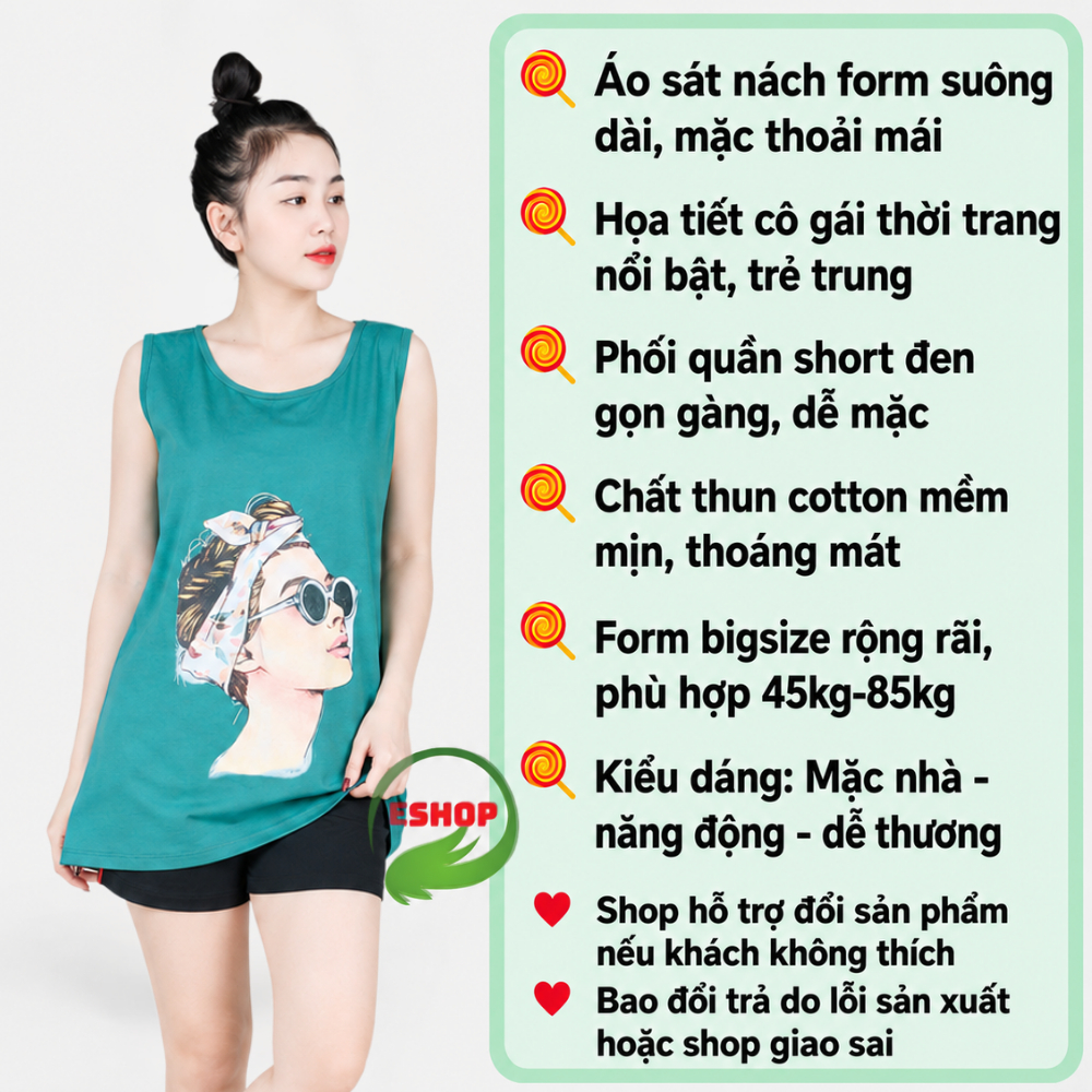 Đồ Bộ Nữ Mặc Nhà ESHOP BD10 Bigsize 43-85kg Áo Ba Lỗ Thun Cotton In Cô Gái, Quần Đùi Đen Dễ Thương